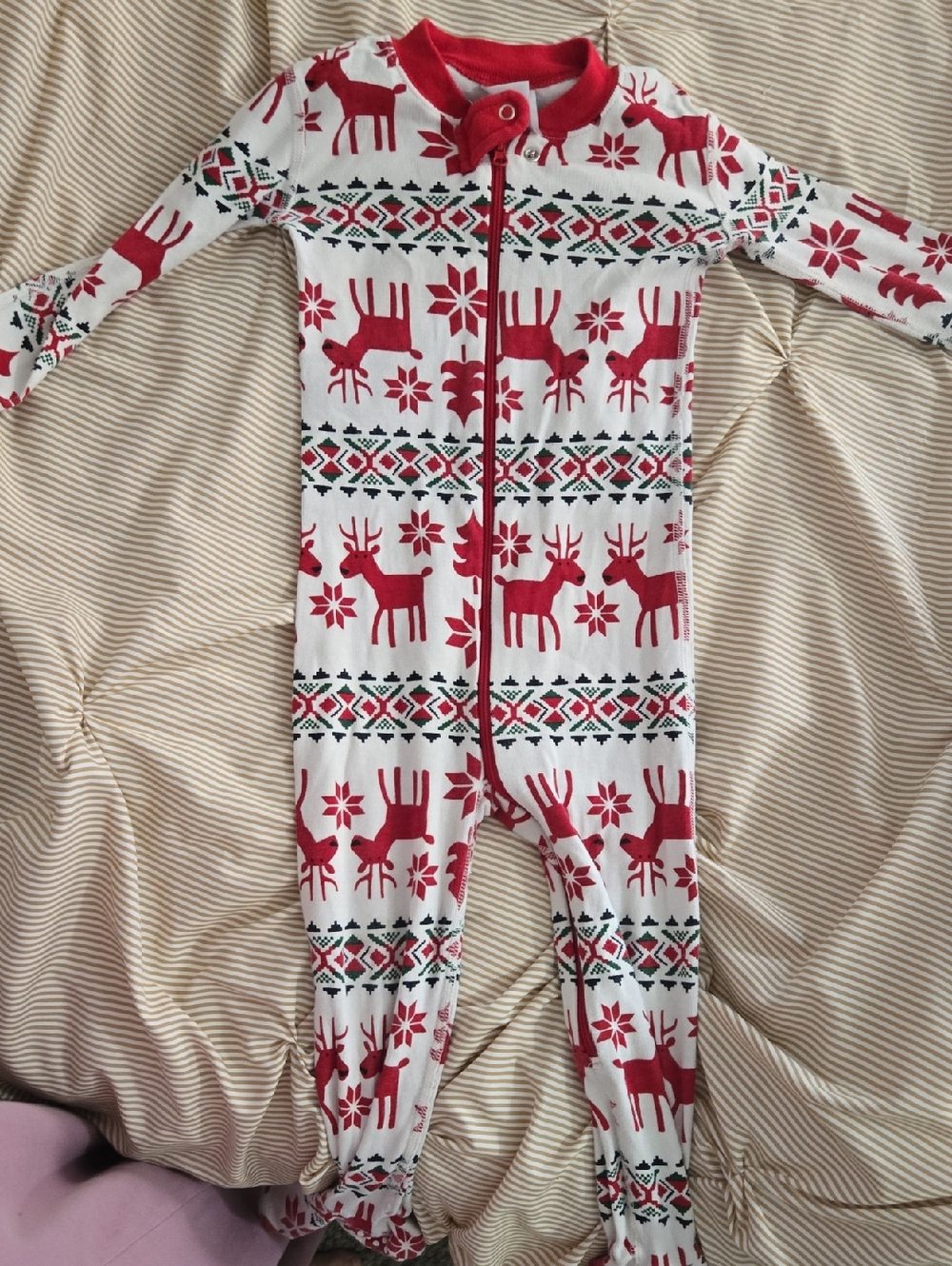 Hanna Andersson Red & White Reindeer Footed One-Piece 3T